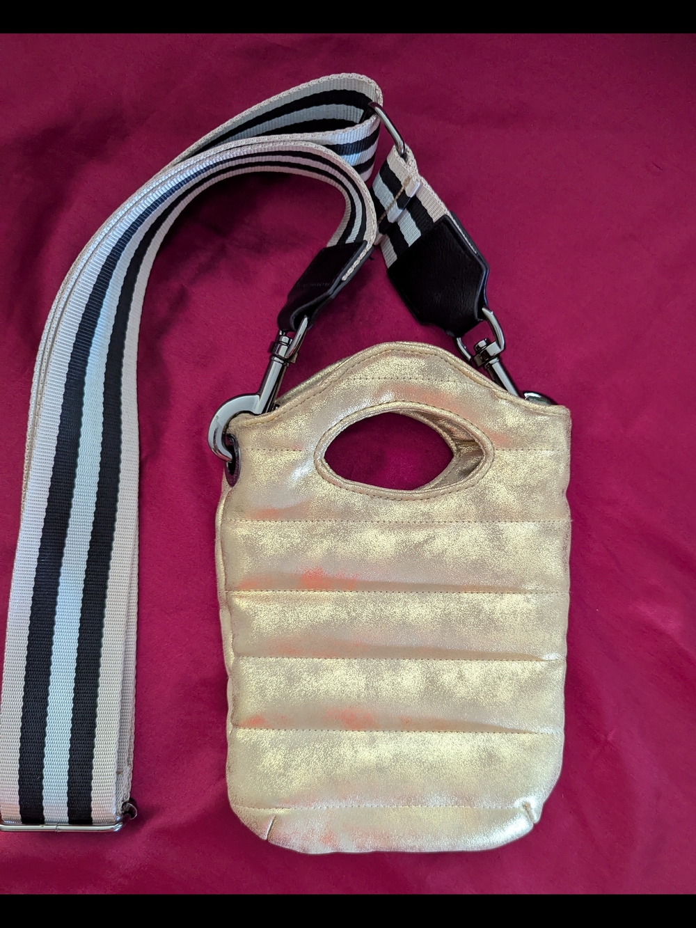 Think Royln Metallic Gold Puffy Crossbody Purse Bag Removable Striped Strap EUC